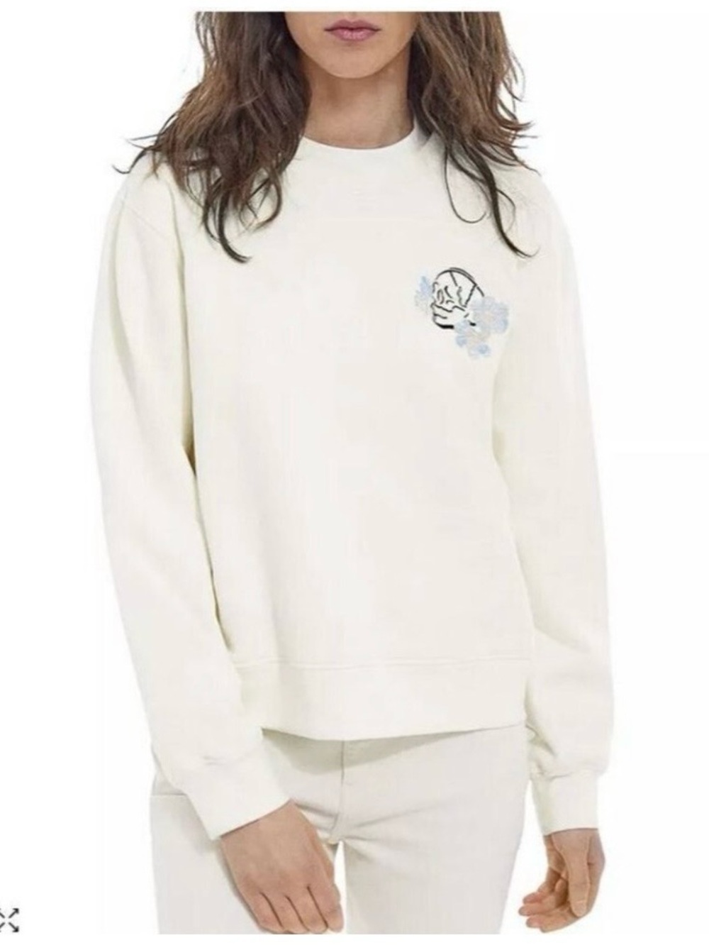 The Kooples Cream Crewneck Sweatshirt with Subtle Skull Floral Logo